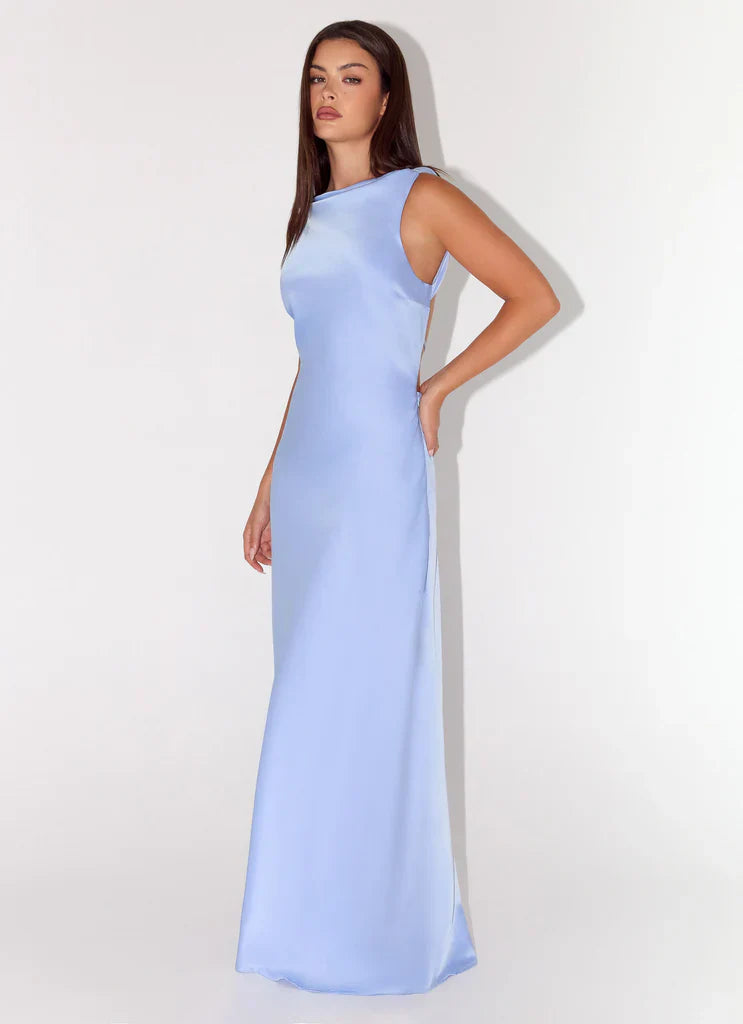 Light Blue Satin Cowl Neck Open Back Tie Detail Maxi Prom Dress for Events