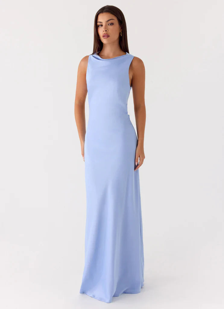 Light Blue Satin Cowl Neck Open Back Tie Detail Maxi Prom Dress for Events