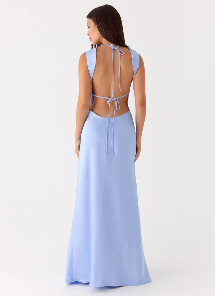 Light Blue Satin Cowl Neck Open Back Tie Detail Maxi Prom Dress for Events