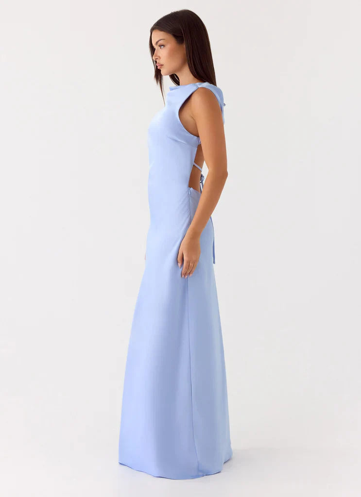 Light Blue Satin Cowl Neck Open Back Tie Detail Maxi Prom Dress for Events