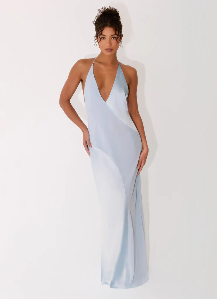 Light Blue Satin Halter Neck Deep V Open Back Maxi Prom Dress For Events