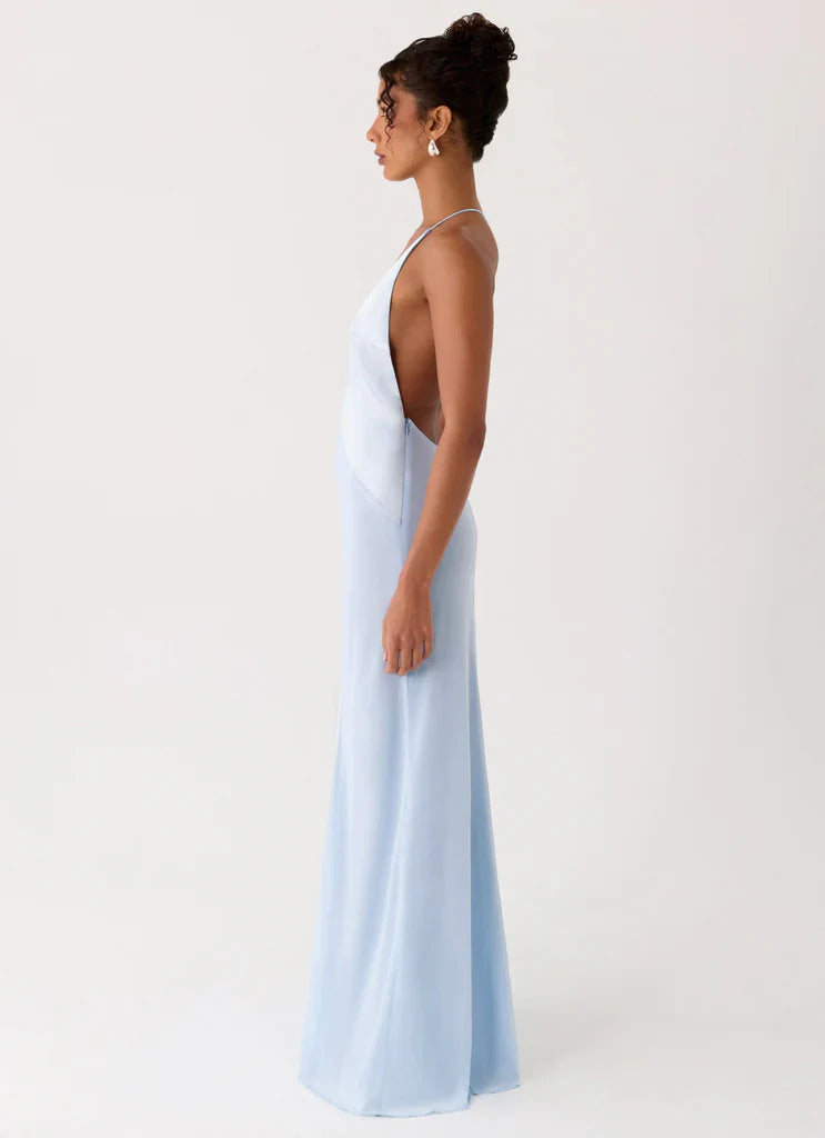 Light Blue Satin Halter Neck Deep V Open Back Maxi Prom Dress For Events
