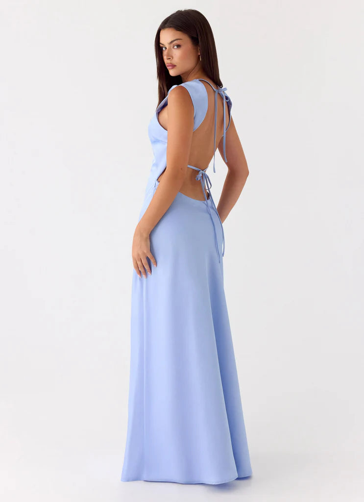 Light Blue Satin High Neck Open Back Tie Maxi Evening Dresses