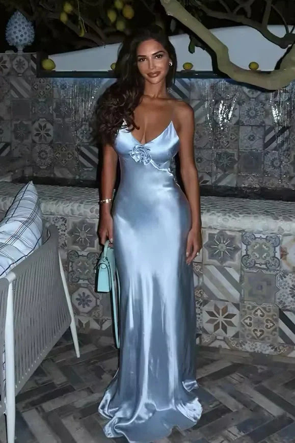 Light Blue Satin Rose Applique Spaghetti Strap Maxi Dresses
