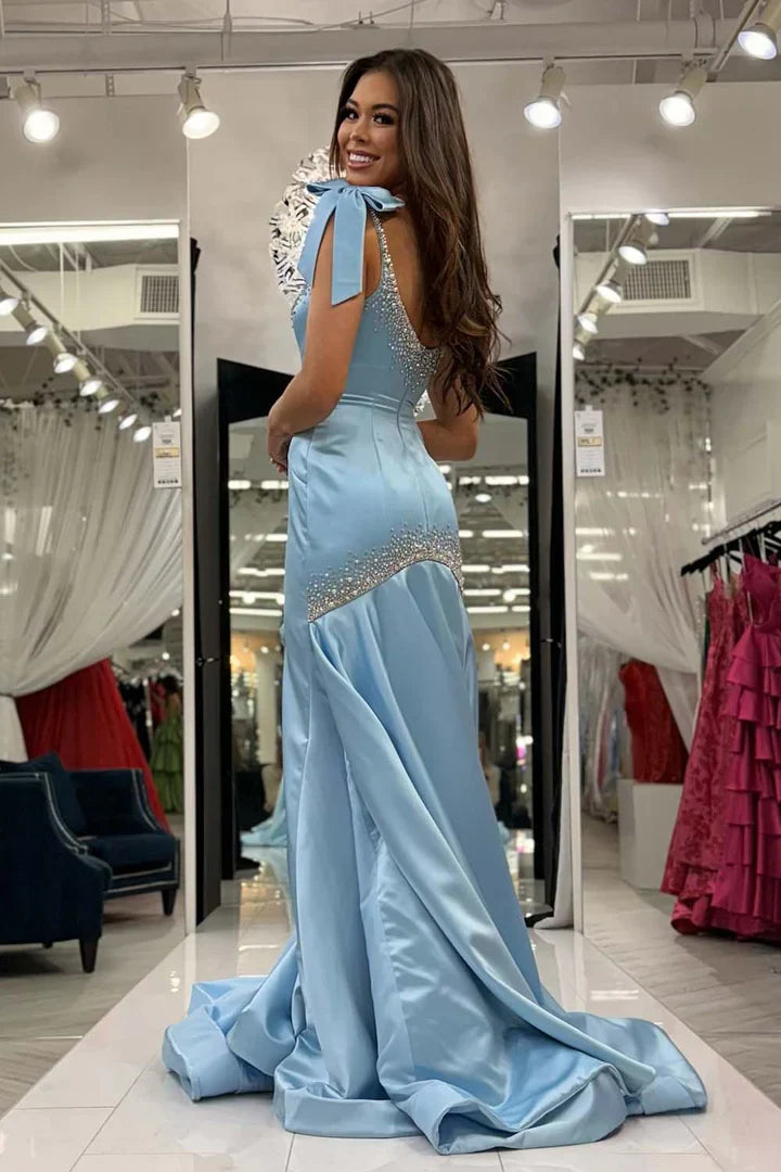Light Blue Satin Spaghetti Strap Beaded Mermaid Prom Dress with Train