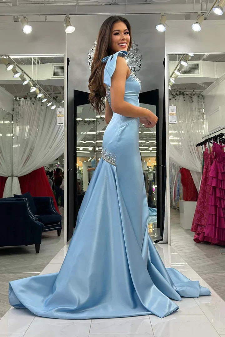 Light Blue Satin Spaghetti Strap Beaded Mermaid Prom Dress with Train