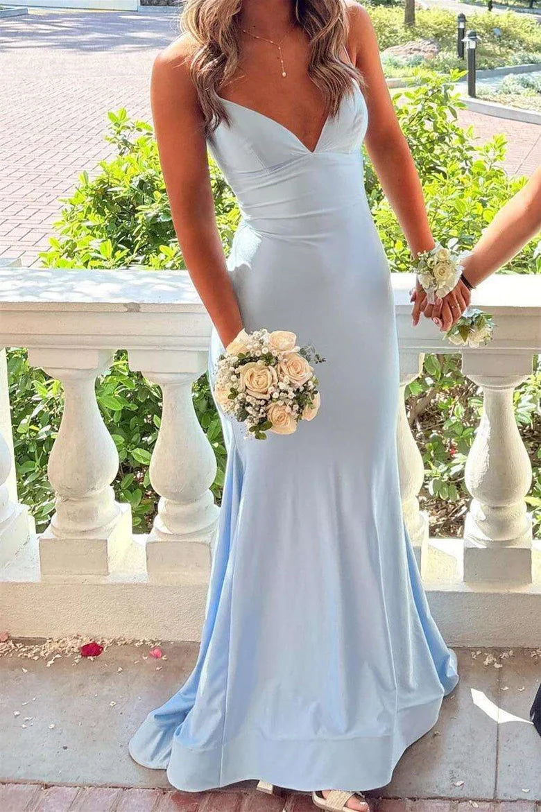 Light Blue Satin Spaghetti Strap Lace Up Back Mermaid Prom Dress
