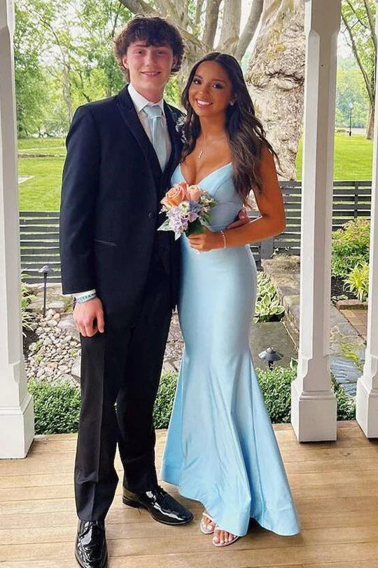 Light Blue Satin Spaghetti Strap Lace Up Back Mermaid Prom Dress