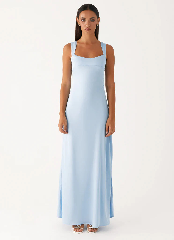 Light Blue Satin Square Neck Sleeveless Maxi Prom Dress For Elegant Formal Evening Events