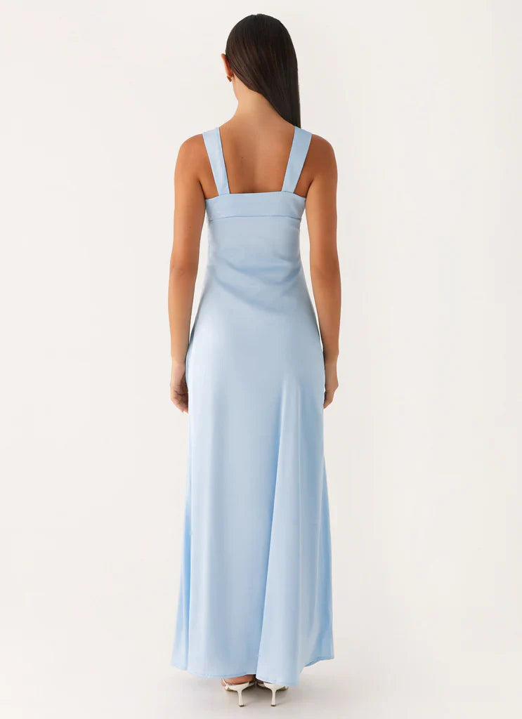 Light Blue Satin Square Neck Sleeveless Maxi Prom Dress For Elegant Formal Evening Events