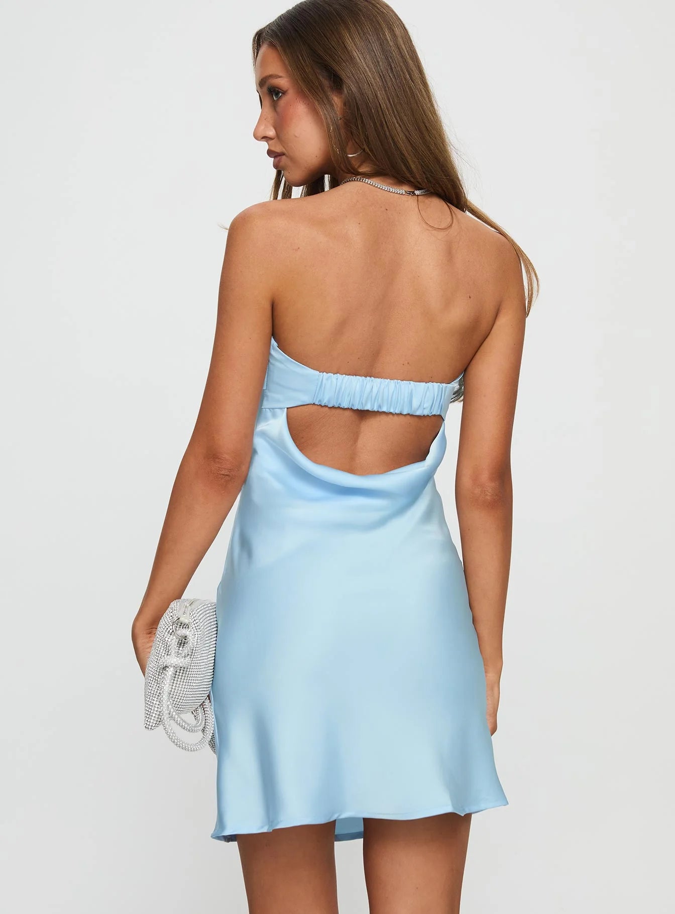 Light Blue Satin Strapless Open Back Bodycon Mini Evening Dresses