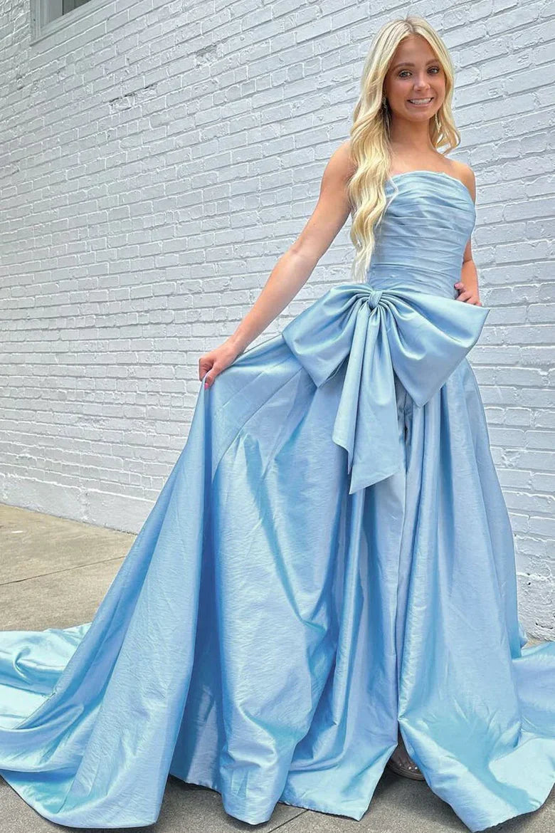 Light Blue Satin Strapless Oversized Bow Ball Gown Prom Dress For Events