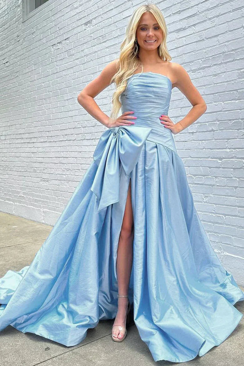 Light Blue Satin Strapless Oversized Bow Ball Gown Prom Dress For Events