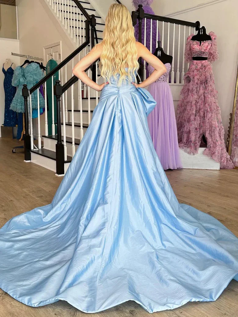 Light Blue Satin Strapless Oversized Bow Ball Gown Prom Dress For Events