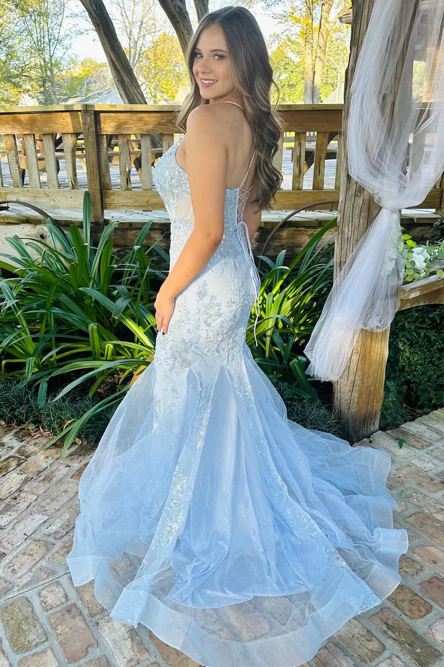 Light Blue Sequin-Embroidered Trumpet Long Gown