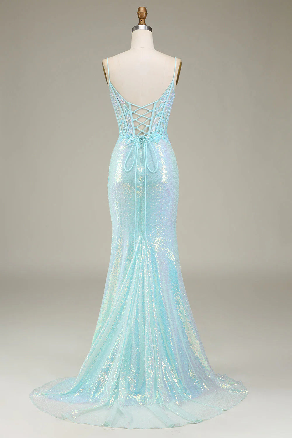 Light Blue Sequin Mermaid with Corset Lace-Up Evening Dress