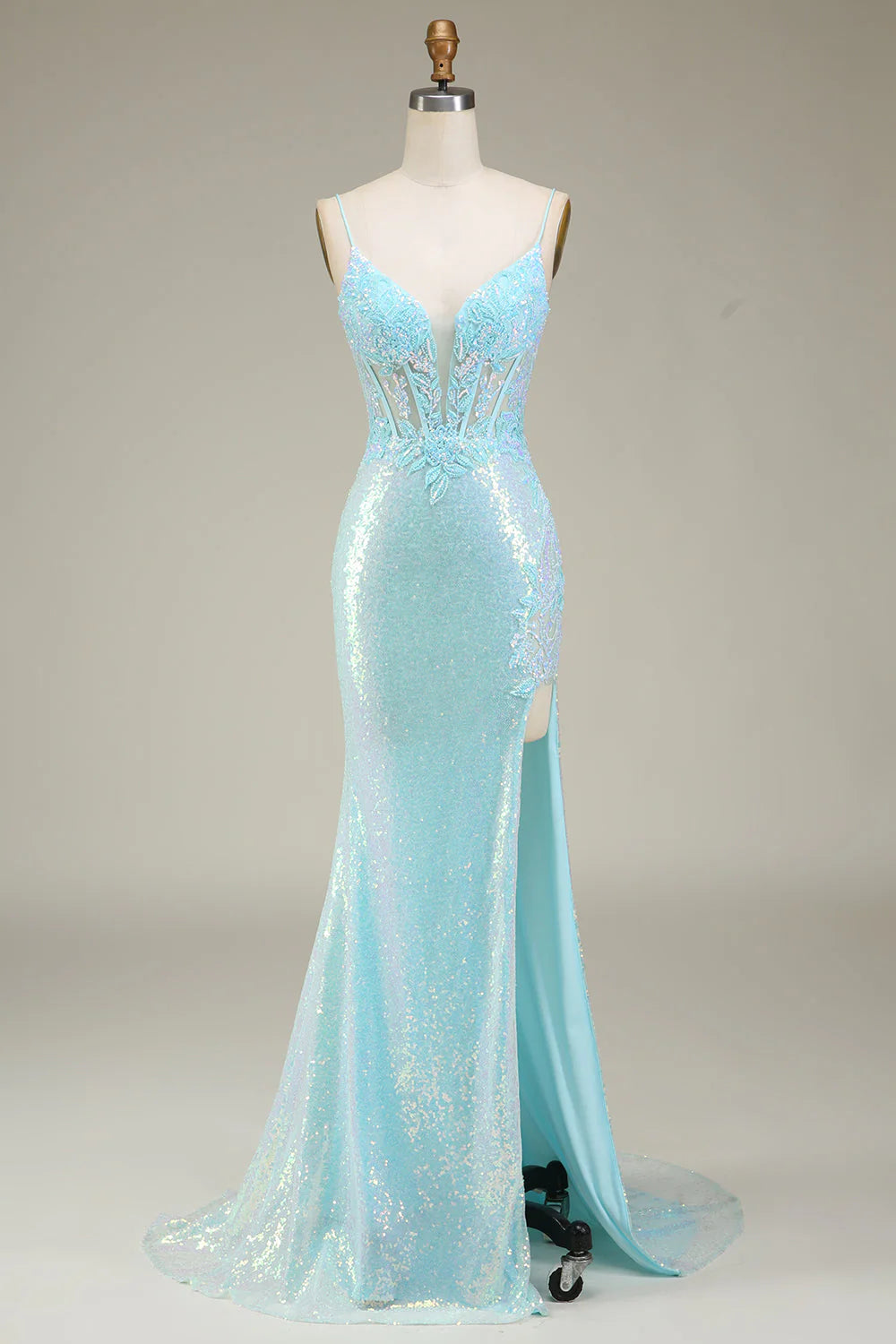 Light Blue Sequin Mermaid with Corset Lace-Up Evening Dress