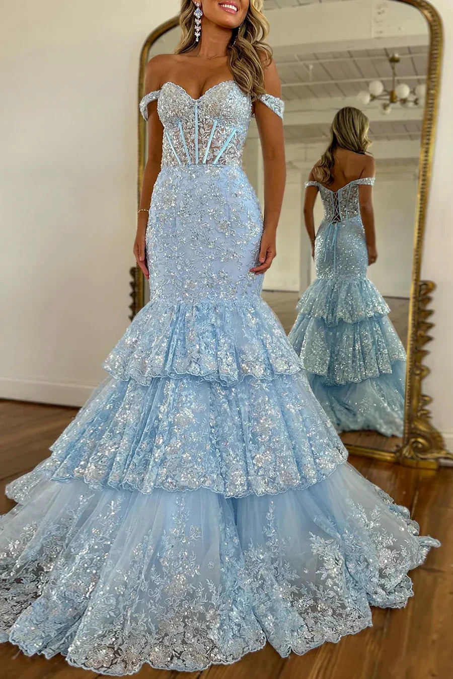 Light Blue Sequin Off-Shoulder Mermaid Tiered Ruffle Prom Dress with Lace-Up Back