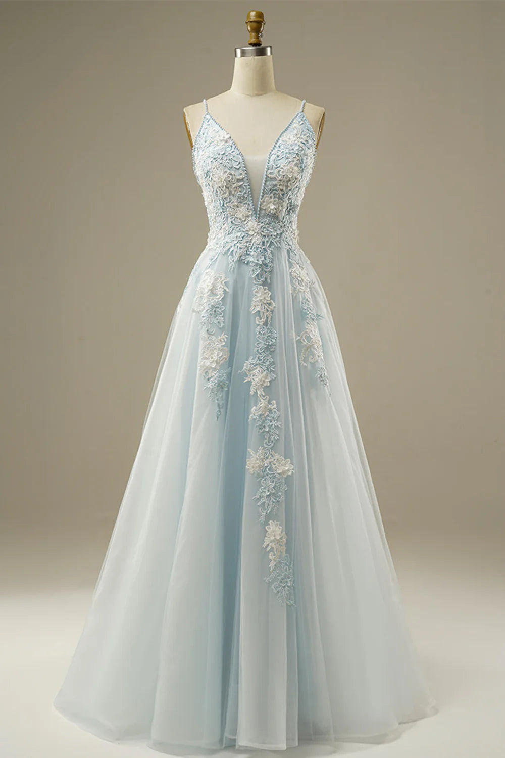 Light Blue Spaghetti Strap Floral Lace A-Line Evening Dress