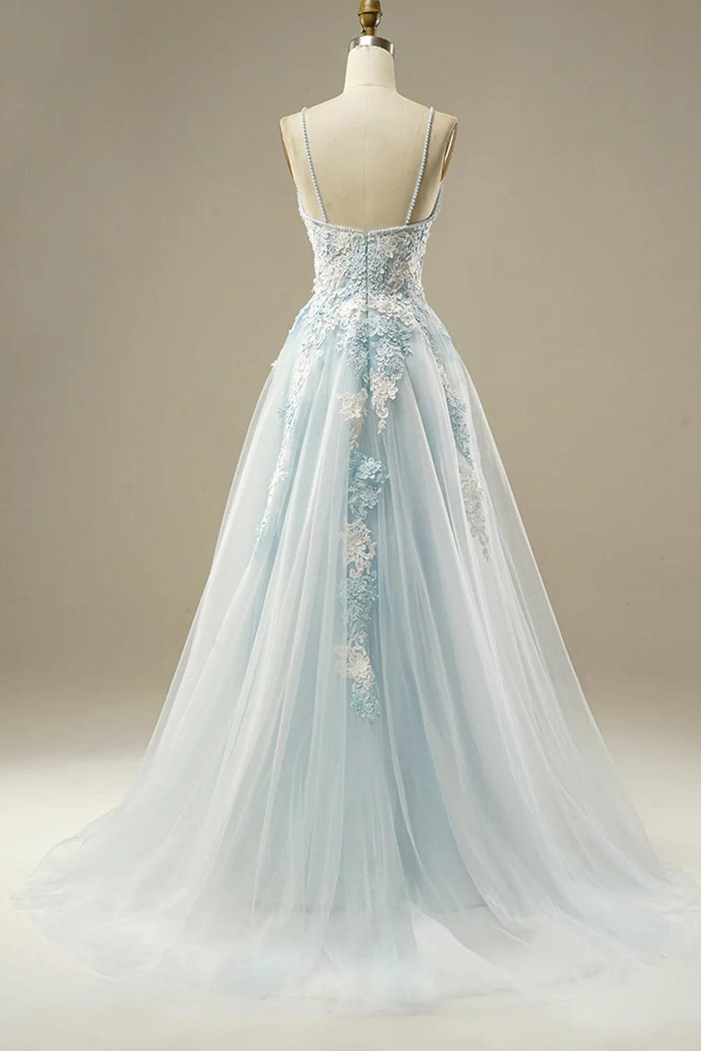 Light Blue Spaghetti Strap Floral Lace A-Line Tulle Evening Dresses