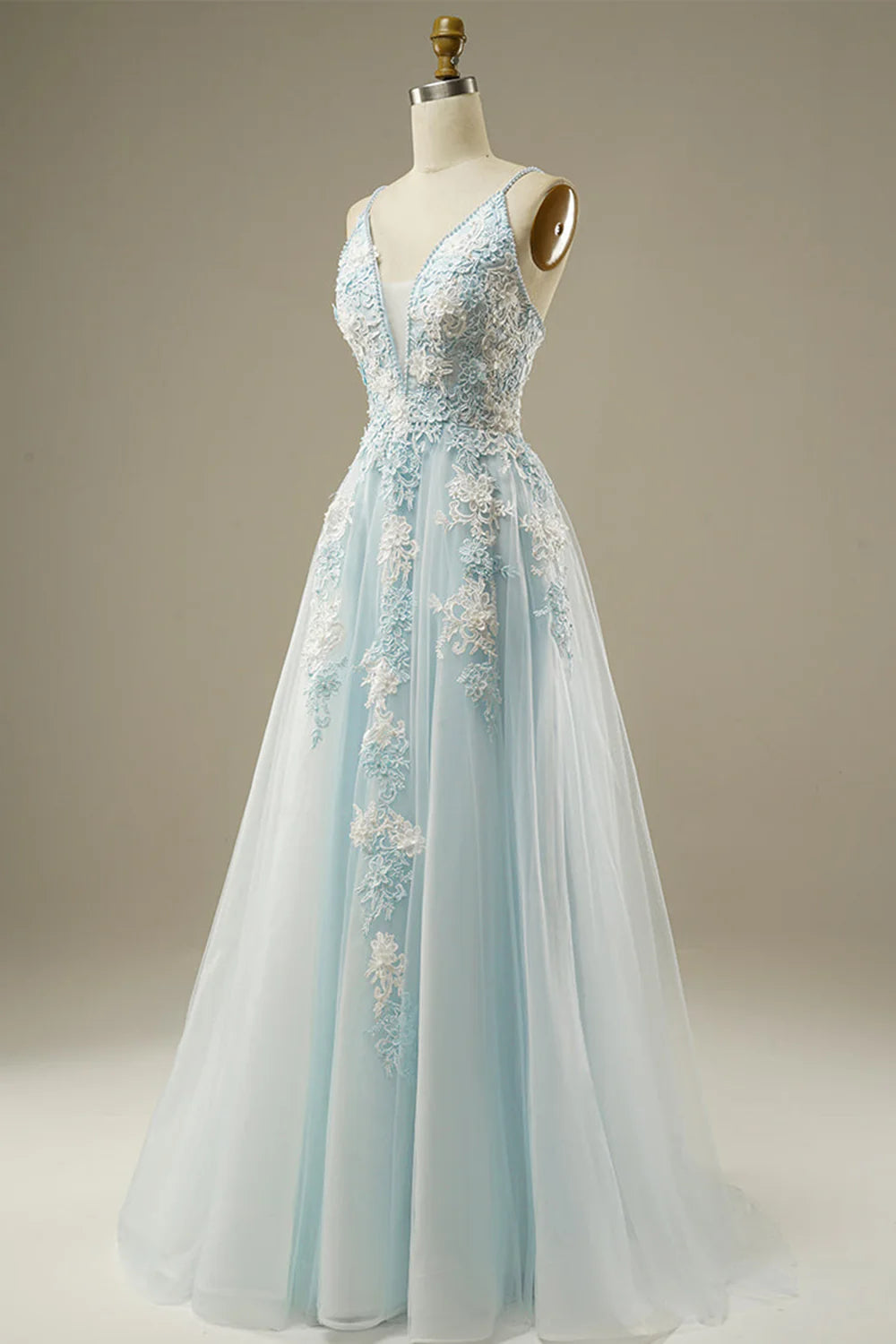 Light Blue Spaghetti Strap Floral Lace A-Line Tulle Evening Dresses