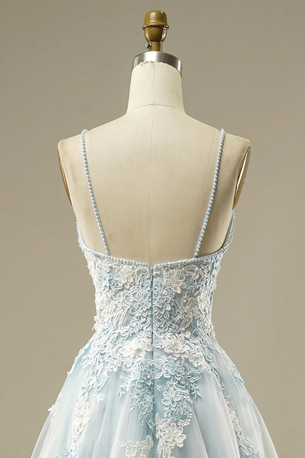 Light Blue Spaghetti Strap Floral Lace Tulle A-Line Evening Dress