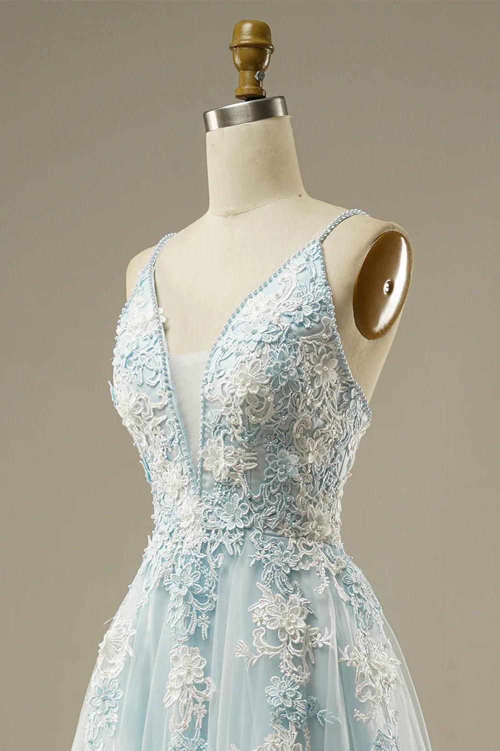 Light Blue Spaghetti Strap Floral Lace Tulle A-Line Evening Dress