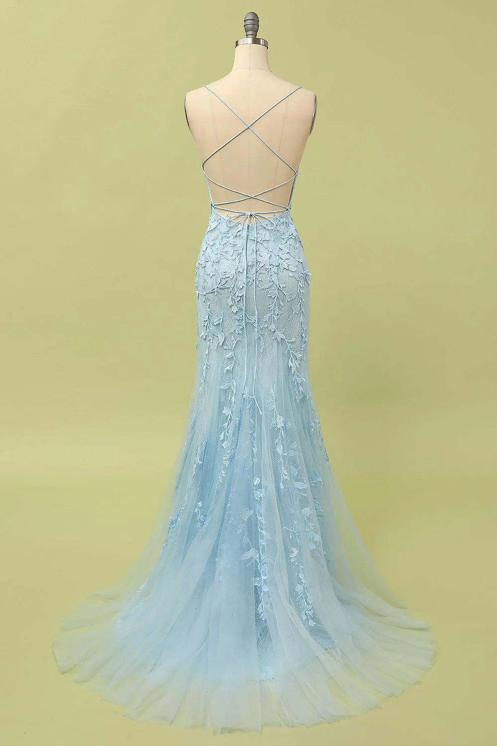Light Blue Spaghetti Strap Lace-Up Back Floral Lace Mermaid Evening Dresses