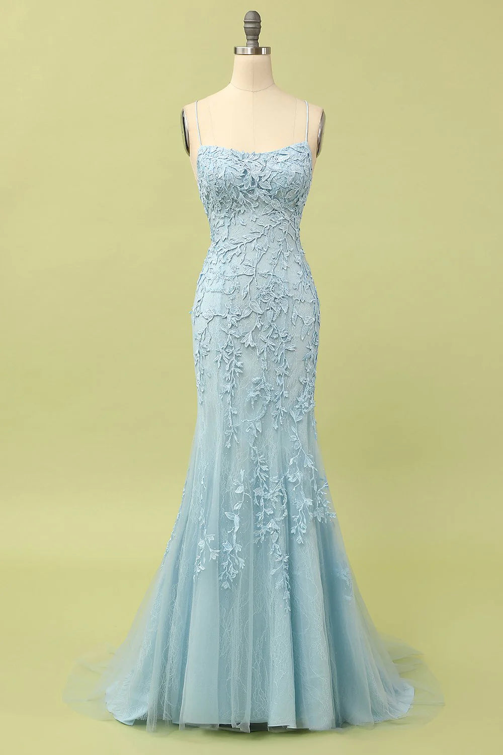 Light Blue Spaghetti Strap Lace-Up Back Floral Lace Mermaid Evening Dresses