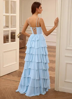 Light Blue Spaghetti Strap Lace-Up Back Tiered Chiffon Evening Dresses