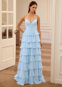 Light Blue Spaghetti Strap Lace-Up Back Tiered Chiffon Evening Dresses