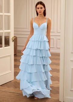 Light Blue Spaghetti Strap Lace-Up Back Tiered Chiffon Evening Dresses