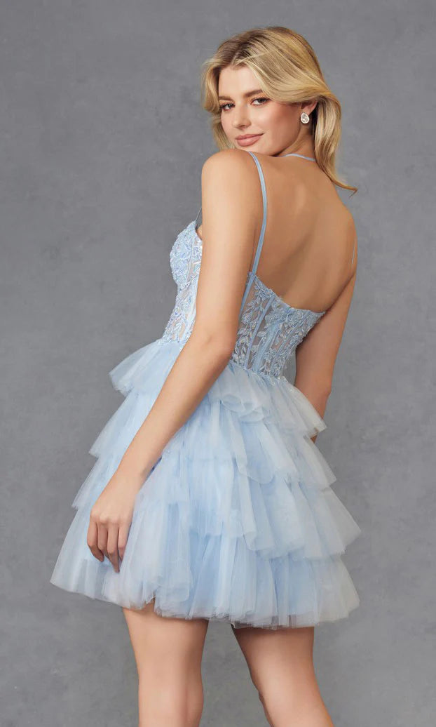Light Blue Spaghetti Strap Lace Corset Tiered Tulle Mini Evening Dresses