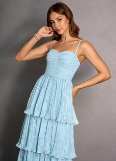 Light Blue Spaghetti Strap Tiered Ruffle Maxi Evening Dresses