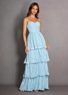 Light Blue Spaghetti Strap Tiered Ruffle Maxi Evening Dresses