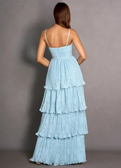 Light Blue Spaghetti Strap Tiered Ruffle Maxi Evening Dresses