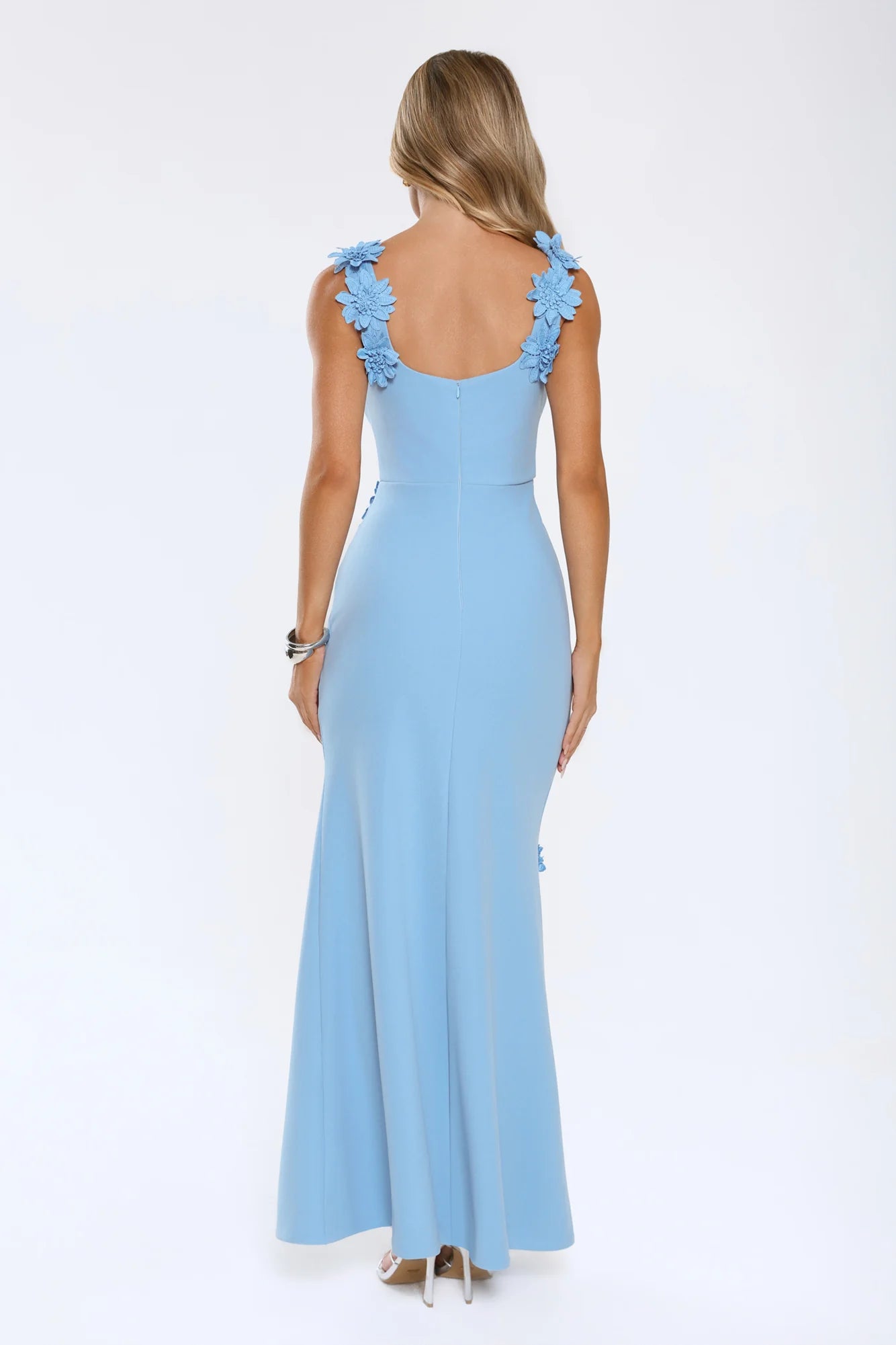 Light Blue Square Neck 3D Floral Applique Sleeveless Mermaid Evening Dresses