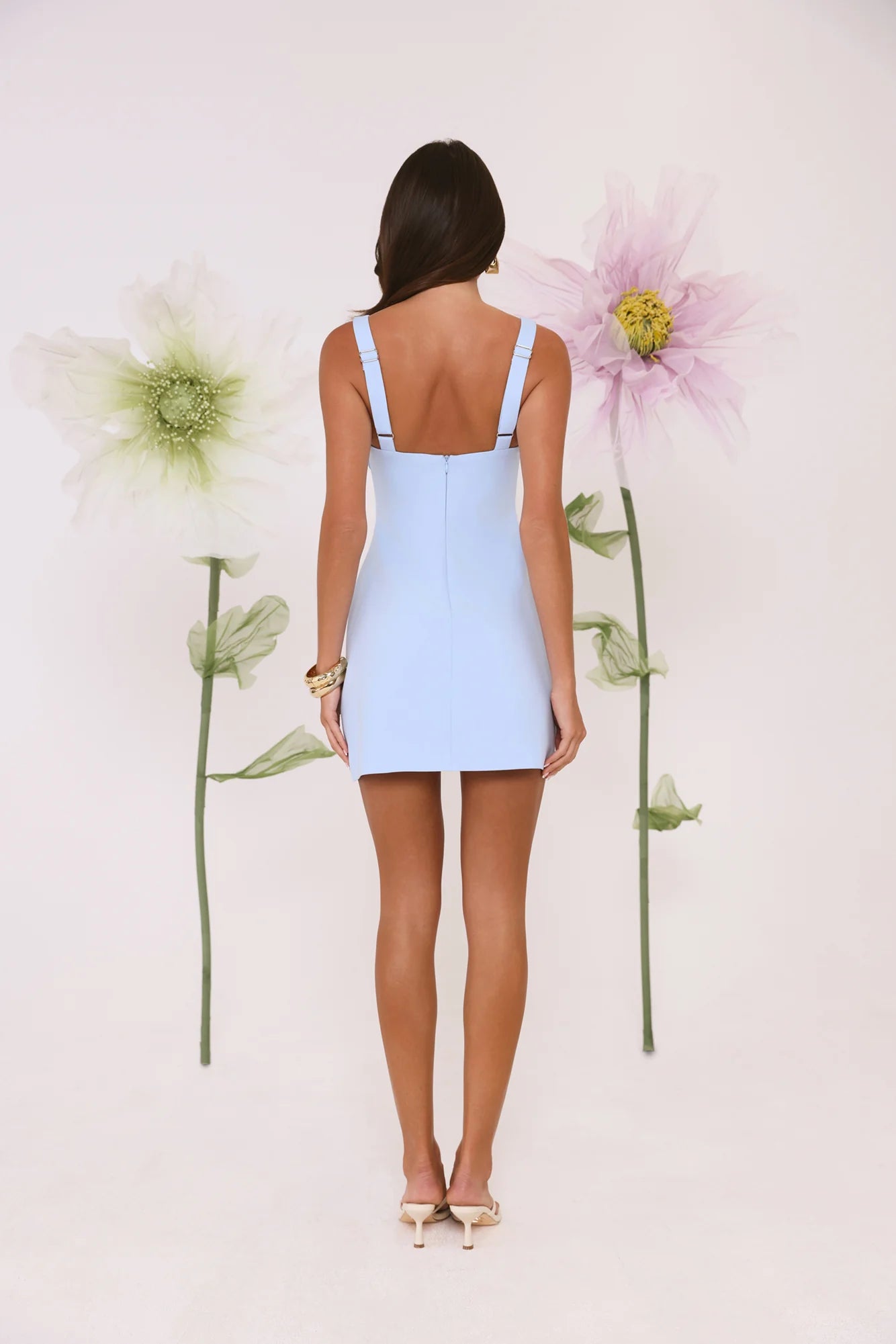 Light Blue Square Neck 3D Floral Bodycon Mini Evening Dresses