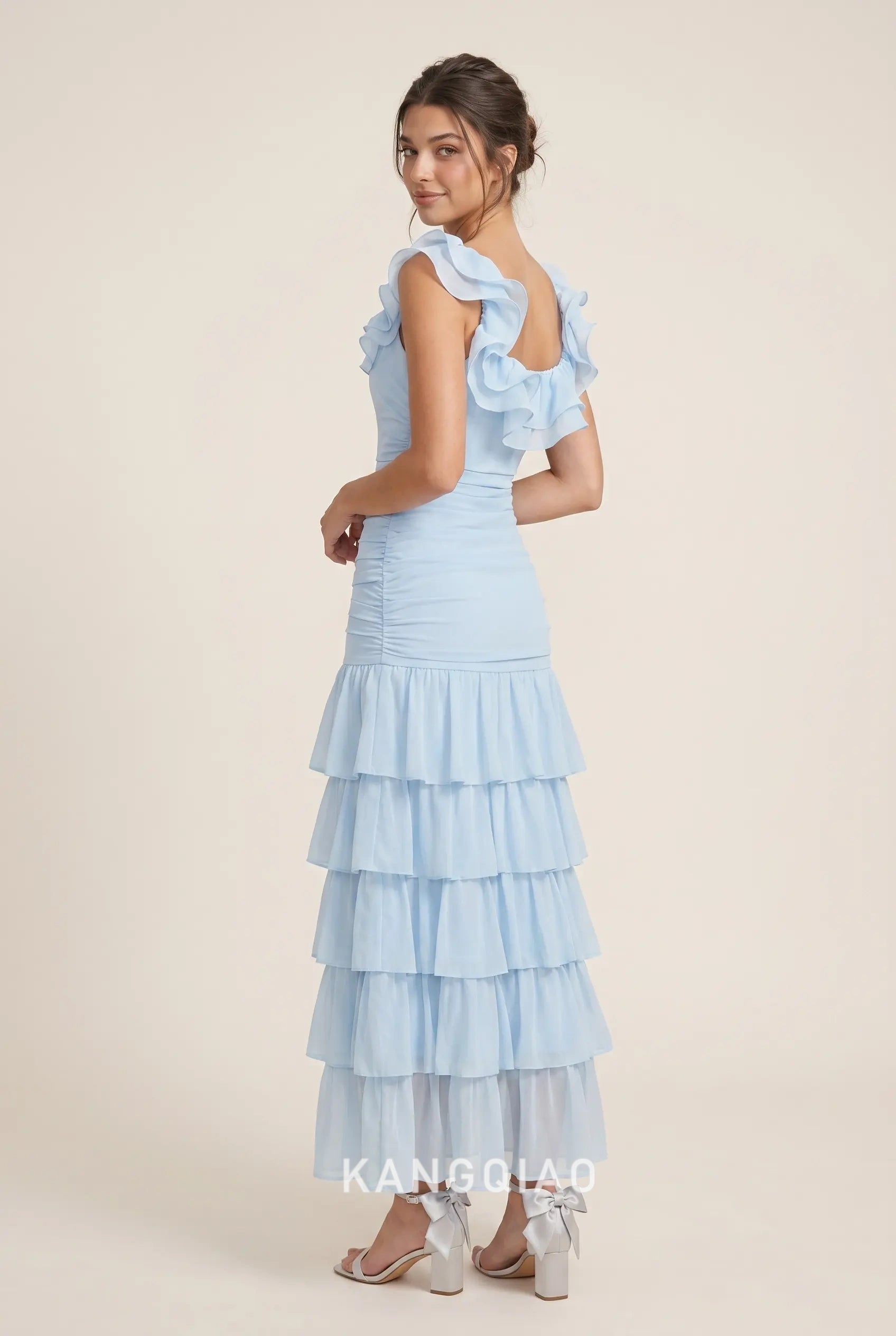 Light Blue Square Neck Ruffled Cap Sleeve Ruched Tiered Ruffle Chiffon Floor Length Formal Evening Prom Dress