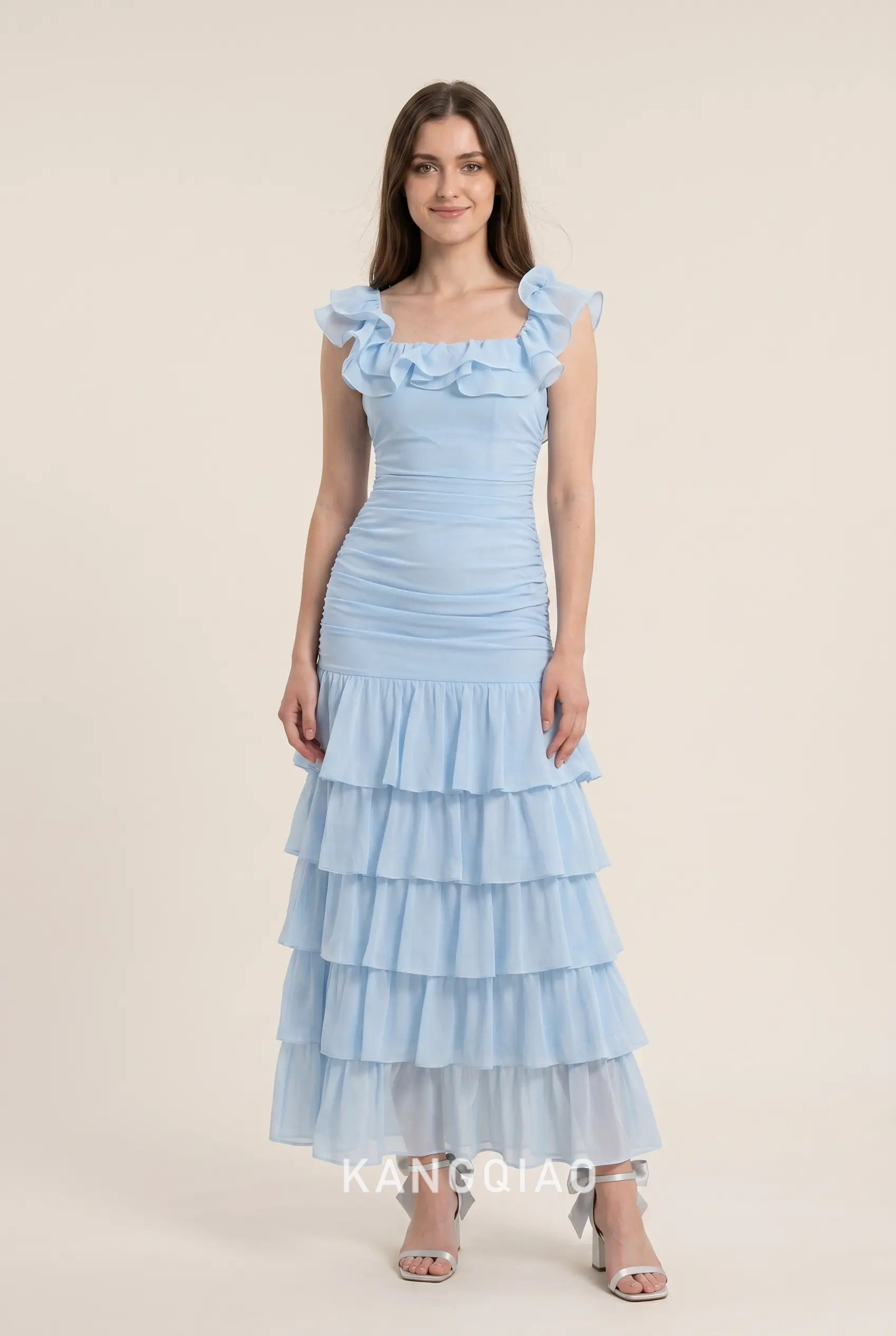 Light Blue Square Neck Ruffled Cap Sleeve Ruched Tiered Ruffle Chiffon Floor Length Formal Evening Prom Dress