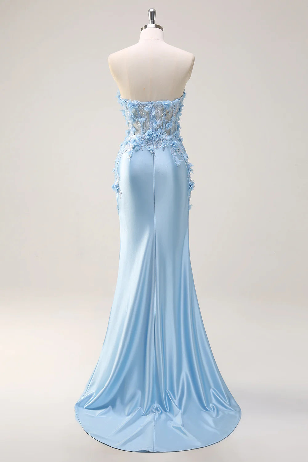 Light Blue Strapless 3D Floral Applique Mermaid Evening Dresses