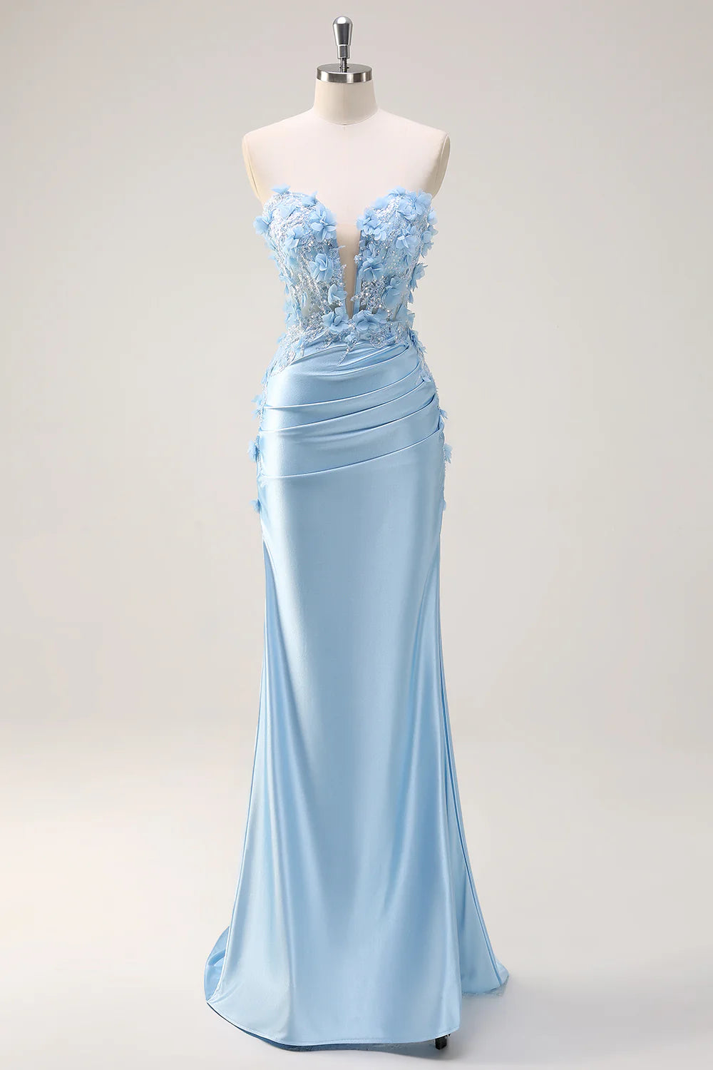 Light Blue Strapless 3D Floral Applique Mermaid Evening Dresses