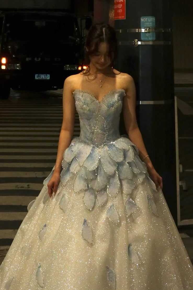 Light Blue Strapless 3D Petal Glitter Ball Gown Evening Dresses