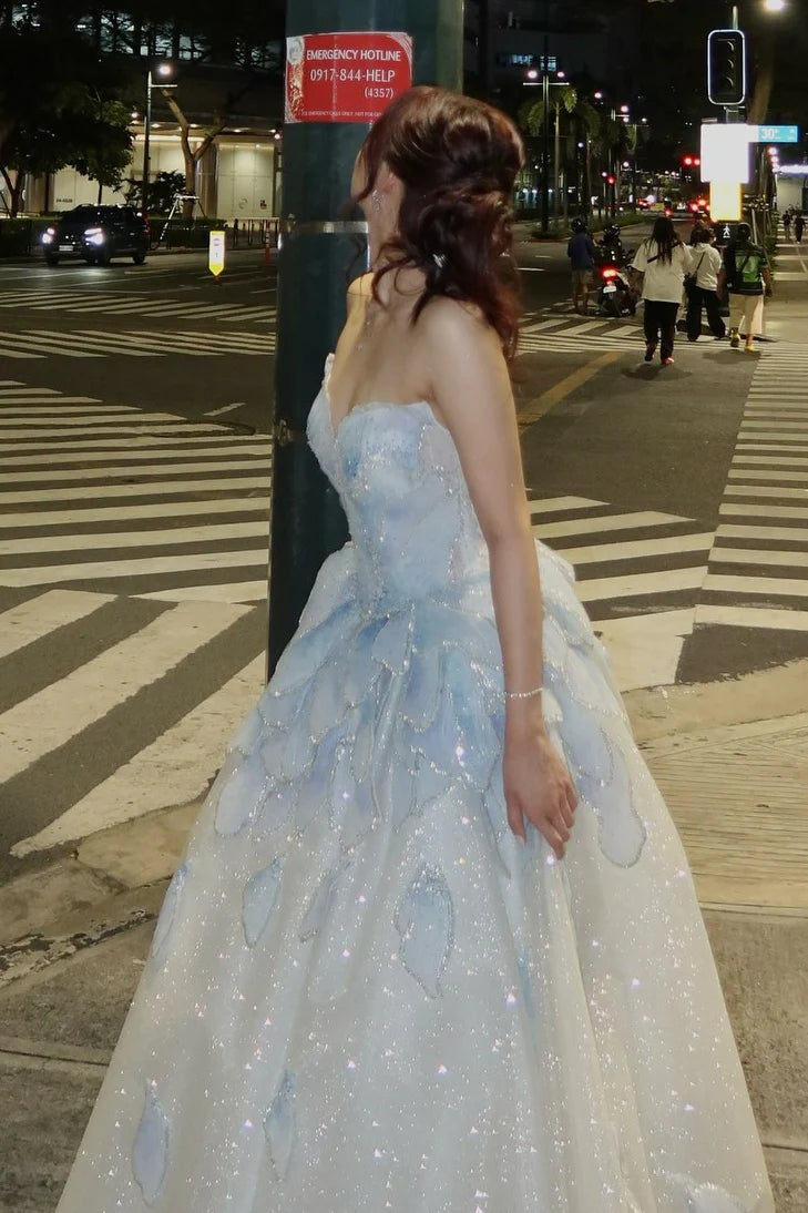 Light Blue Strapless 3D Petal Glitter Ball Gown Evening Dresses