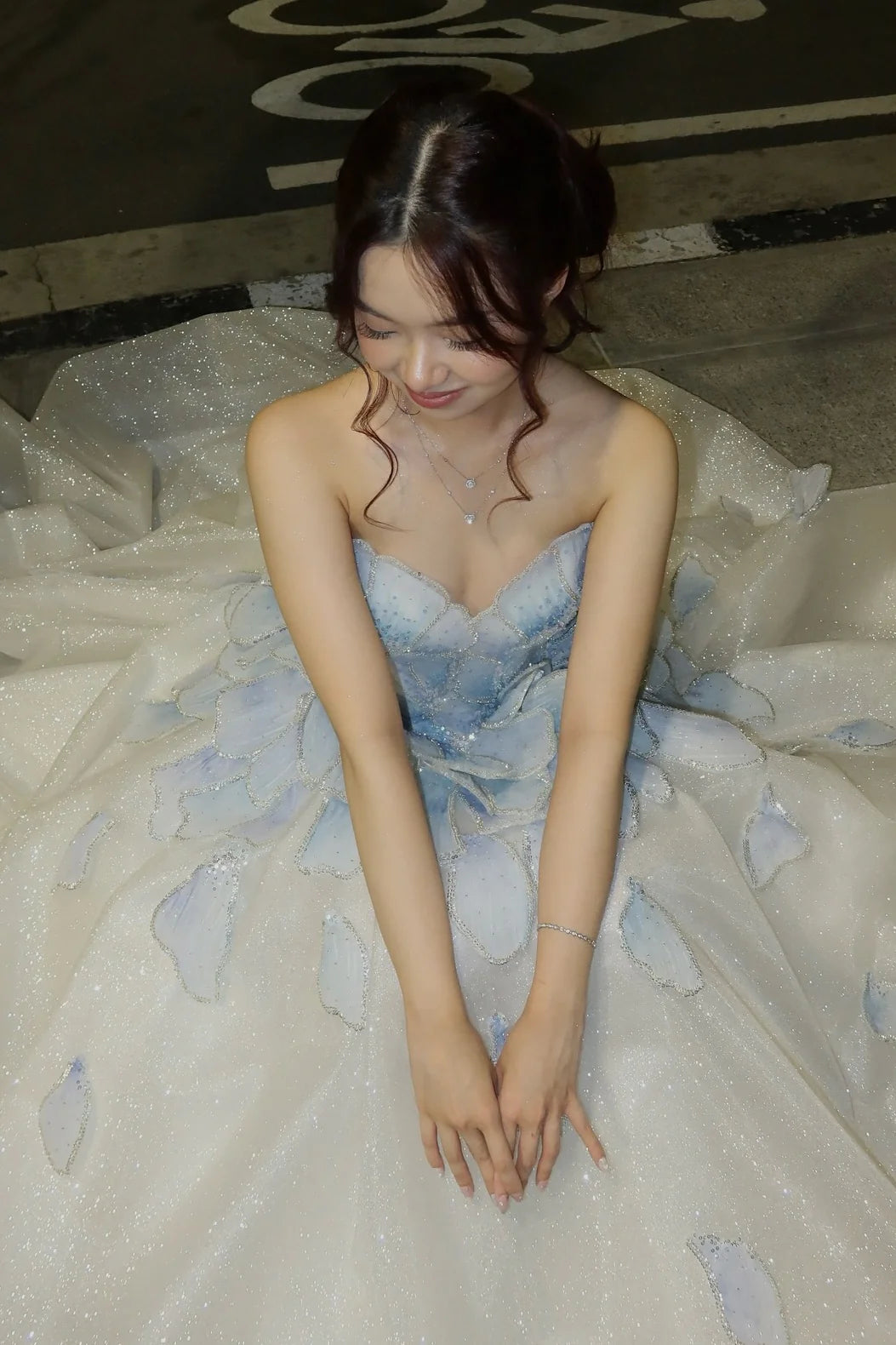 Light Blue Strapless 3D Petal Glitter Ball Gown Evening Dresses