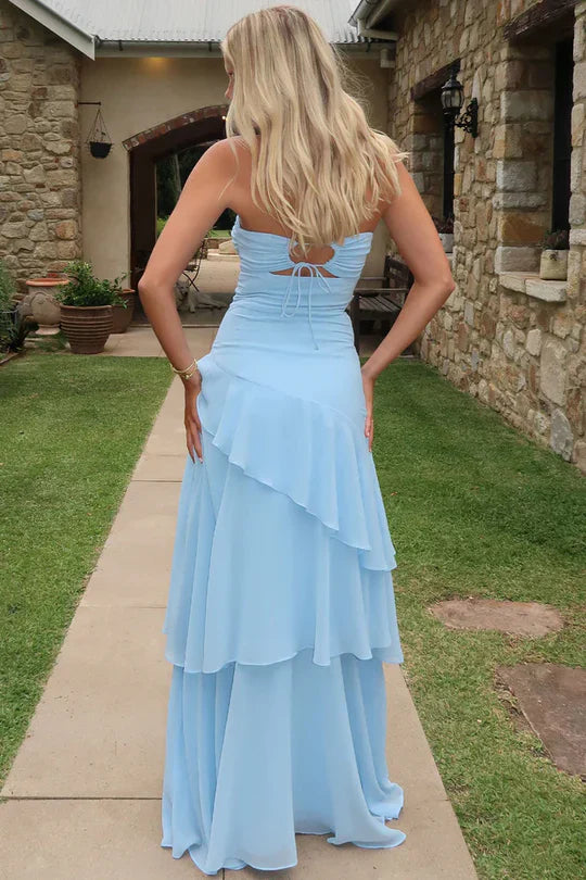 Light Blue Strapless Bow Cutout Ruffled Maxi Prom Dress
