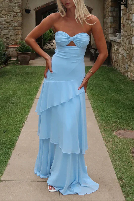 Light Blue Strapless Bow Cutout Ruffled Maxi Prom Dress