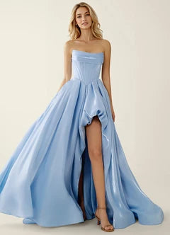 Light Blue Strapless Corset Ruffle High Slit Ball Gown Evening Dresses