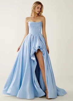 Light Blue Strapless Corset Ruffle High Slit Ball Gown Evening Dresses