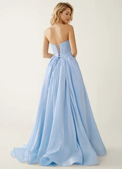 Light Blue Strapless Corset Ruffle High Slit Ball Gown Evening Dresses